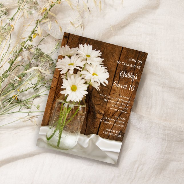 Invitation Mason Jar White Daisies Sweet 16 Anniversaire (Créateur téléchargé)