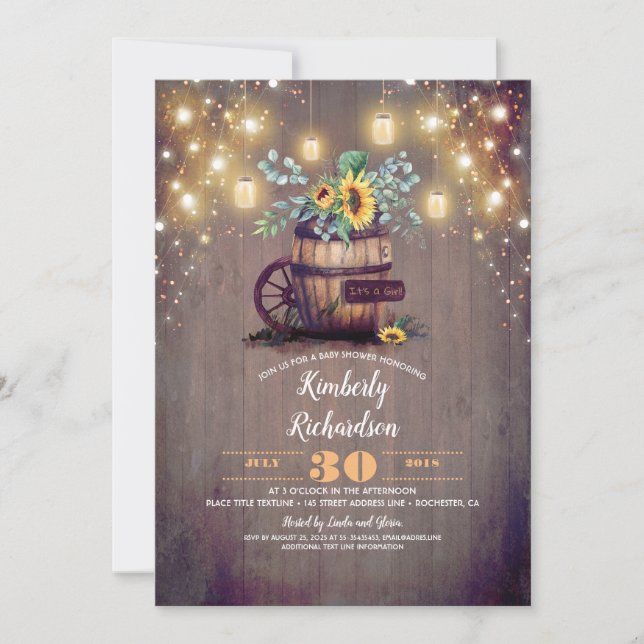 Invitation Mason Jars éclaire les tournesols Baby shower rust (Devant)