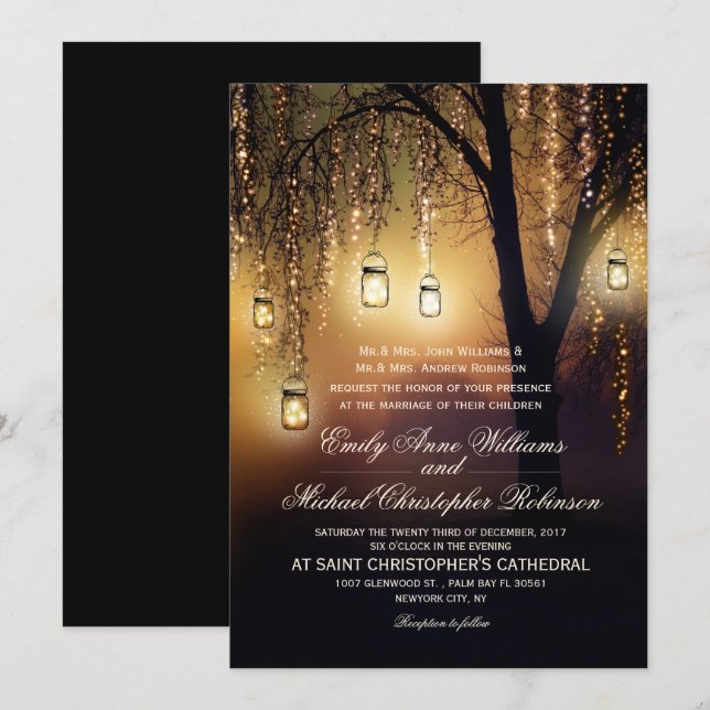 Invitation Mason Jars Lumières à cordes Élégant Mariage rusti (Devant / Derrière)