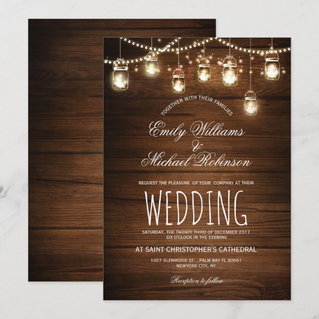 Invitation Mason Jars Lumières à cordes Élégant Mariage rusti (Devant / Derrière)