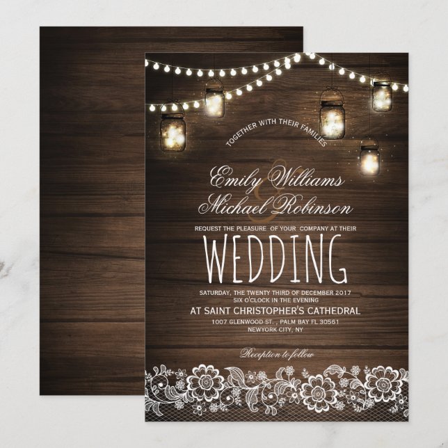 Invitation Mason Jars Lumières à cordes Élégant Mariage rusti (Devant / Derrière)