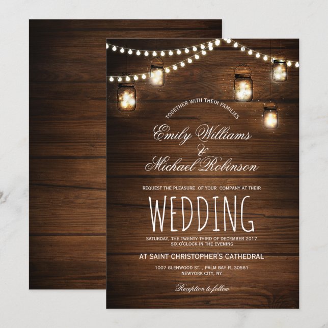 Invitation Mason Jars Lumières à cordes Élégant Mariage rusti (Devant / Derrière)