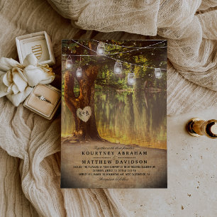 Invitation Mason Jars Rustic Tree Lake Twinkle Lights Mariage