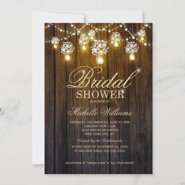 Invitation Mason Jars String Lights Elégante douche nuptiale (Devant)