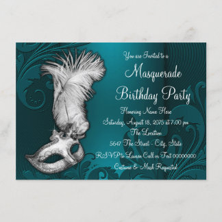 Invitation Masque à plumes bleu sarcelle pour soirée masquée