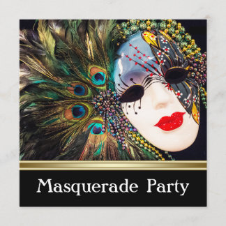 Invitation Masque à plumes de paon en or violet pour soirée m