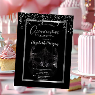 Invitation Masque Argenté,Cadre,Confettis Quinceañera  