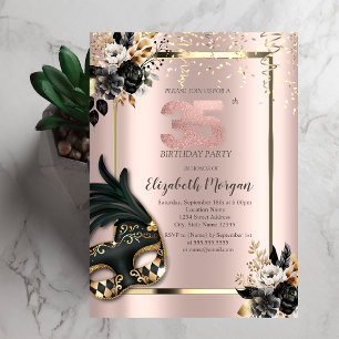 Invitation Masque Black Roses Confetti Rose Gold 35th