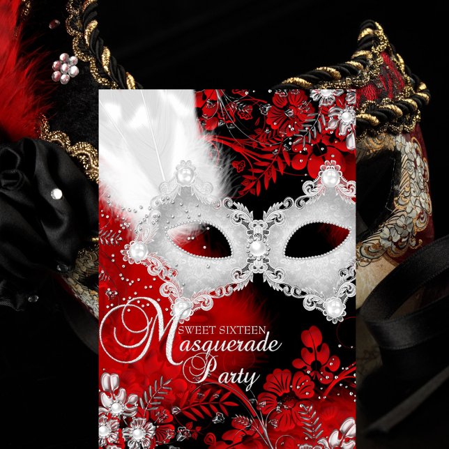 Invitation Masque blanc rouge étincelant Masquerade Sweet 16 (Créateur téléchargé)