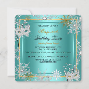 Invitation Masque Carnaval Bleu sarcelle Or Flocon de neige A
