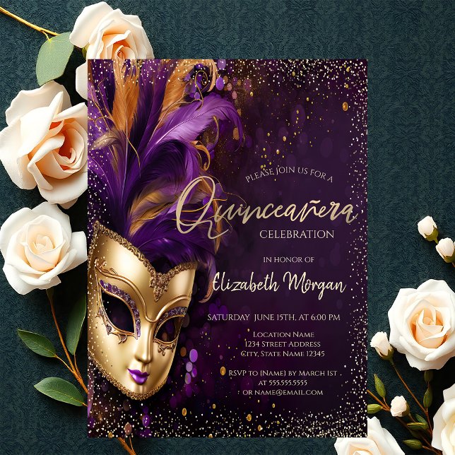 Invitation Masque Chic, Confetti Purple Quinceañera (Créateur téléchargé)