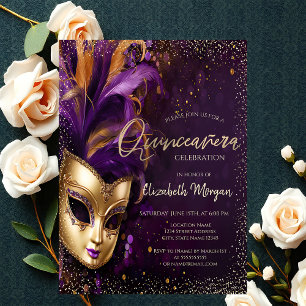 Invitation Masque Chic,Confettis Quinceañera Violet