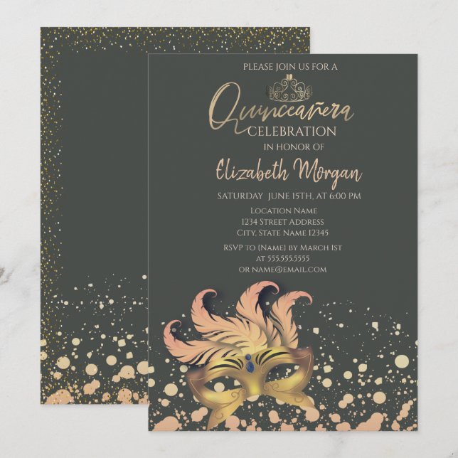 Invitation Masque, Confetti Dots Masquerade Quinceañera (Devant / Derrière)