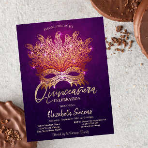 Invitation Masque Confettis Dorés Quinceañera Violette