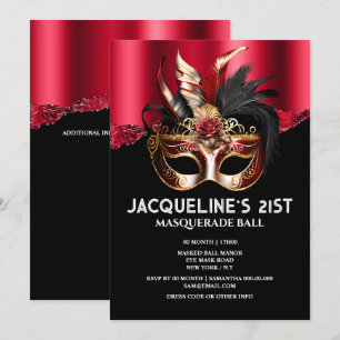 Invitation Masque d'anniversaire vénitienne masque or rouge g