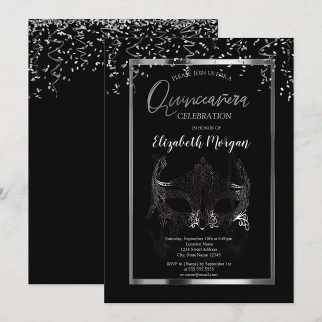 Invitation Masque d'argent, Frame, Confetti Quinceañera (Devant / Derrière)