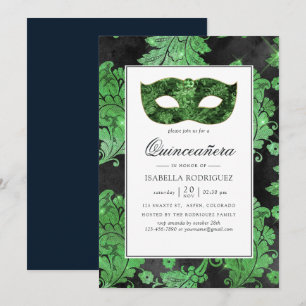 Invitation Masque de bal en vert et noir pour Quinceañera vin