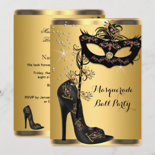Invitation Masque de bal masqué or noir bijou