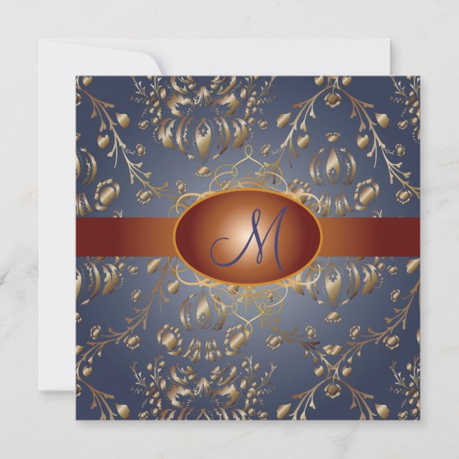 Invitation Masque de cuivre imitation monogramme/bleu marine (Devant)