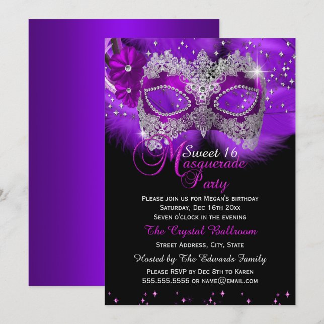 Invitation Masque de dentelle étincelante Purple Masquerade S (Devant / Derrière)
