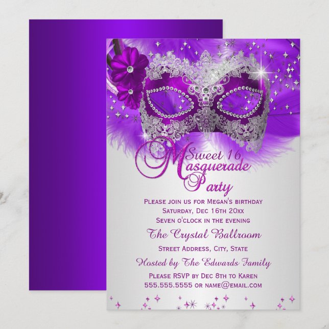 Invitation Masque de dentelle Purple Argent Masquerade Sweet  (Devant / Derrière)