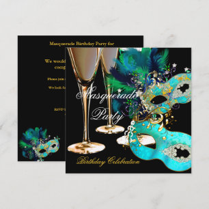 Invitation Masque de fête d'anniversaire en bleu sarcelle et 