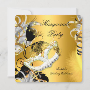 Invitation Masque de fête d'anniversaire Mascarade Noir Or