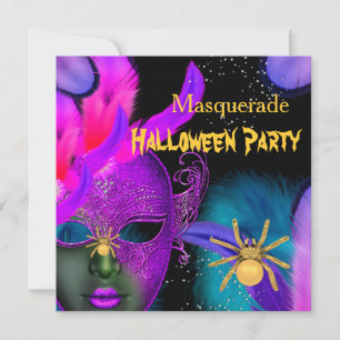 Invitation Masque de fête d'Halloween rose et sarcelle araign