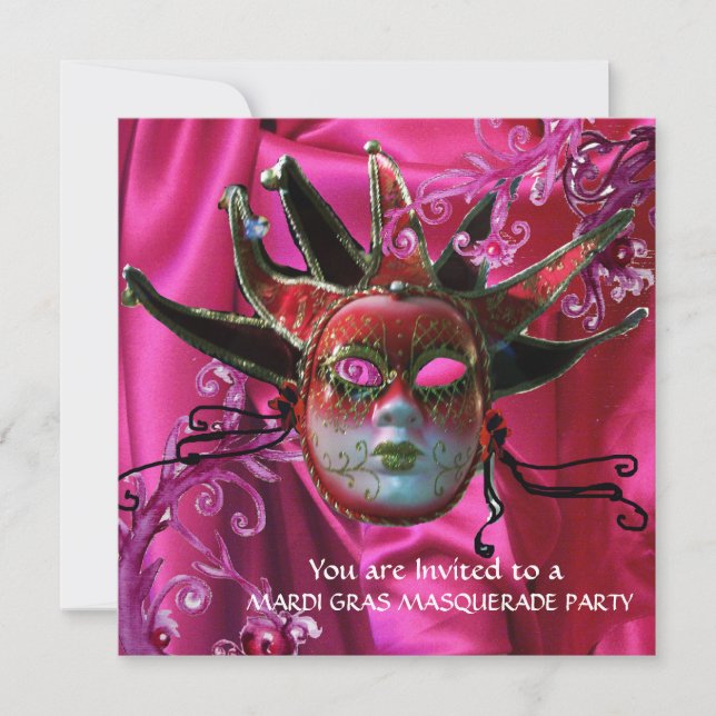 Invitation MASQUE DE JESTER DE FUCHSIA ROUGE NOIR, Balle Masq (Devant)