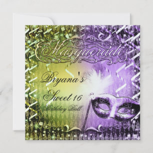 Invitation Masque de mascarade vert et violet Mardi Gras Part