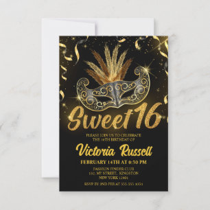 Invitation Masque de masquerade pailleté noir et or Sweet 16