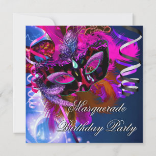 Invitation Masque de soirée masquée d'anniversaire bleu rose