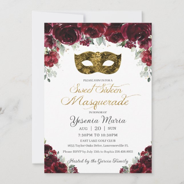 Invitation Masque de Sweet sixteen d'or Floral Bourgogne (Devant)