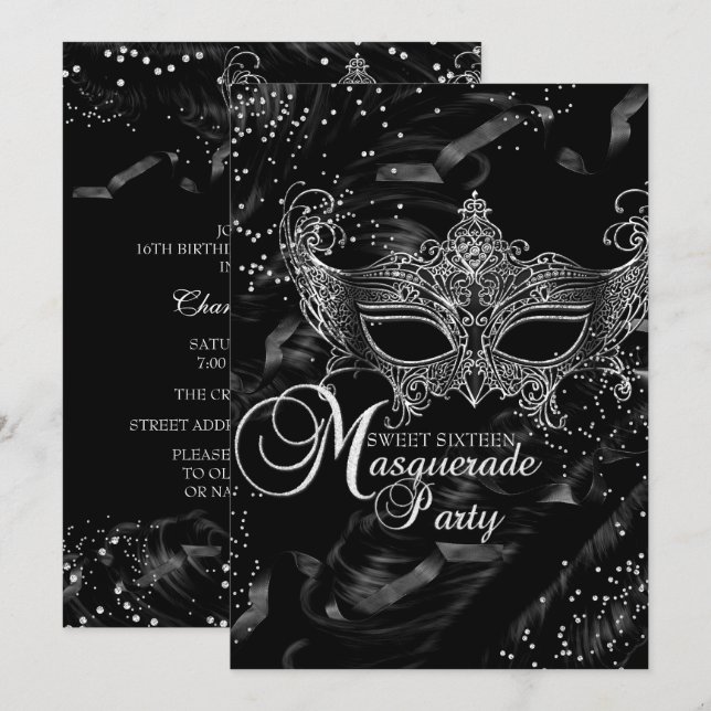 Invitation Masque Diamant Noir Argent Masquerade Sweet 16 (Devant / Derrière)