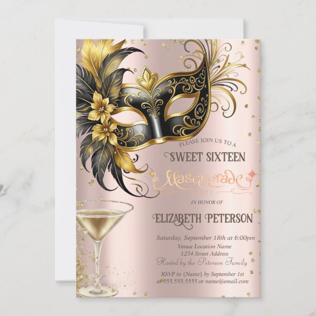 Invitation Masque Diamants Champagne Rose Gold Sweet 16 (Devant)