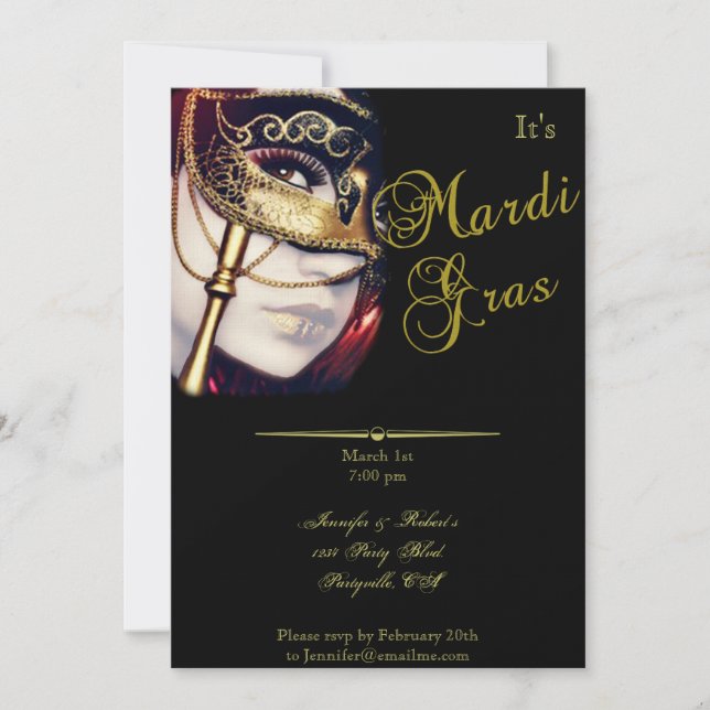 Invitation Masque d'or sur la partie noire de mardi gras (Devant)