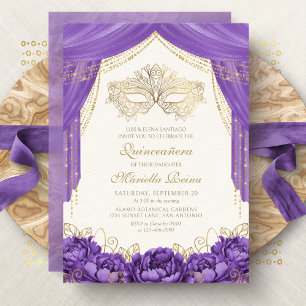Invitation Masque élégant violet pour Quinceanera de masquera