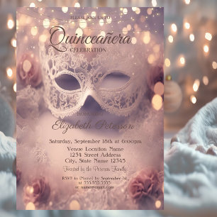 Invitation Masque en dentelle blanche Roses Quinceañera