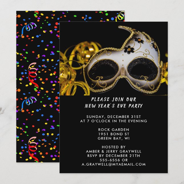 Invitation Masque et Confetti du Nouvel An, ZRP (Devant / Derrière)
