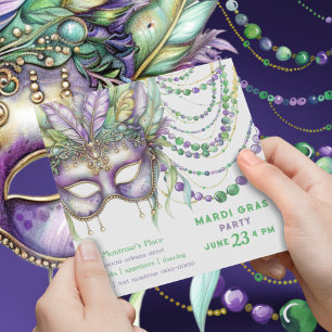 Invitation Masque et perles violettes d'or et de vert Mardi G