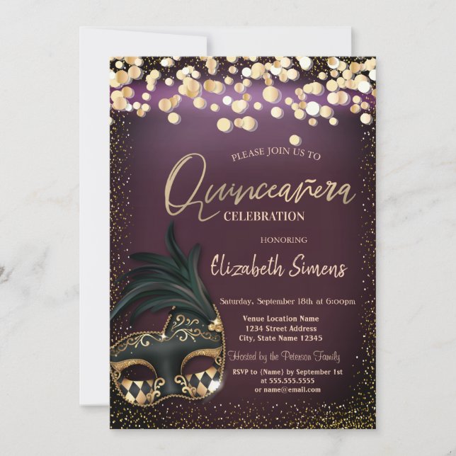 Invitation Masque Gold Confetti Bourgogne Quinceañera (Devant)