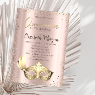 Invitation Masque,Invitation Quinceañera Rose Gold Confettis