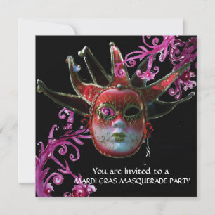 Invitation MASQUE JESTER NOIR ET ROUGE, Masquerade Party Gold