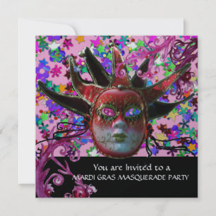 Invitation MASQUE JESTER ROUGE NOIR, Fête Mascarade Argent