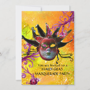 Invitation MASQUE JESTER ROUGE NOIR, Fête Mascarade Jaune
