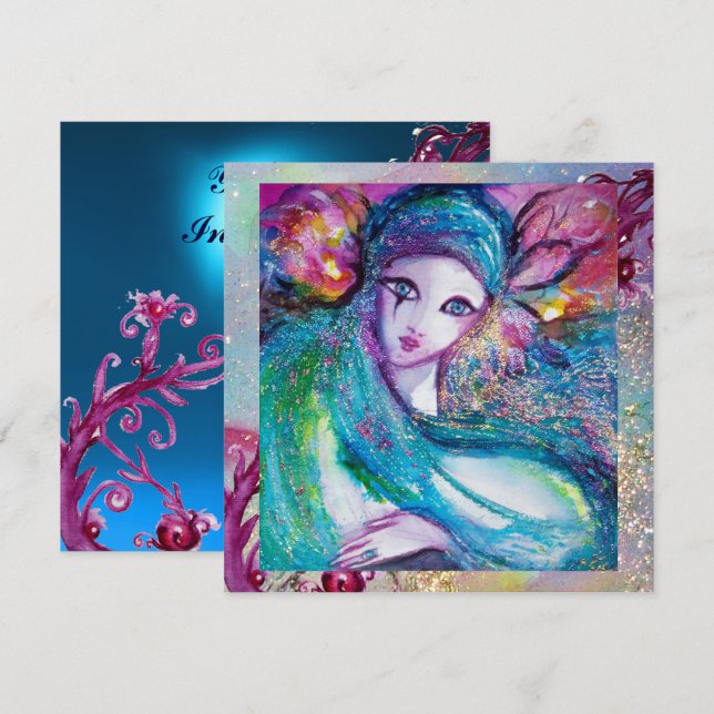 Invitation MASQUE LADY BLUE Élégante Soirée de Mascarade, Sap (Devant / Derrière)