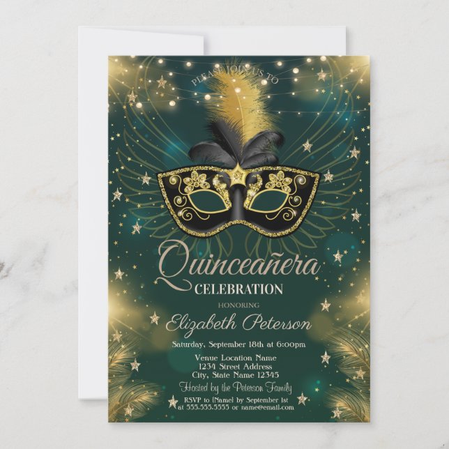 Invitation Masque, Lumières à cordes, Étoiles Green Quinceañe (Devant)
