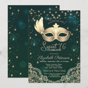 Invitation Masque,Lumières Guirlande,Dentelle,Étoiles Vertes 