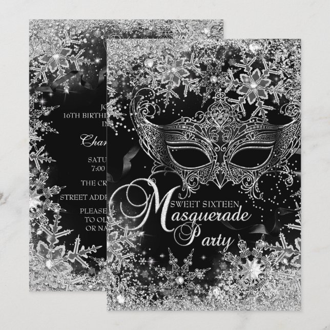 Invitation Masque Mascarade Flacon Noir Argent Sweet 16 (Devant / Derrière)