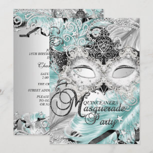 Invitation Masque Mascarade Mascaré Turquoise Argent Quincean